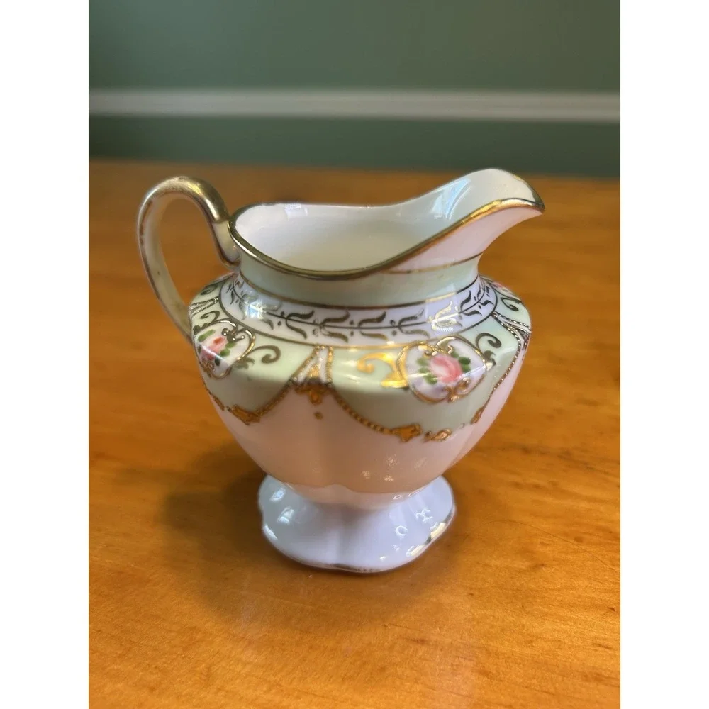 Cottagecore Hand Painted Porcelain Mini Creamer Floral Gold‎ Moriage Pink Green